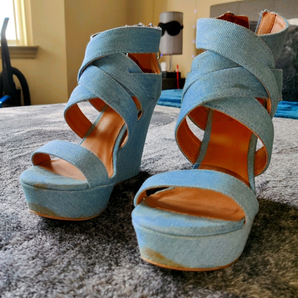 Denim strappy wedges